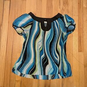 Cato Early 2000s Abstract Blue, Green, Black Swirl Flare Top With Puffy Sleeves